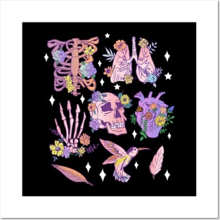 Pastel Goth Floral Morbid Anatomy Witchy Heart, Lungs, Ribcage Posters and Art